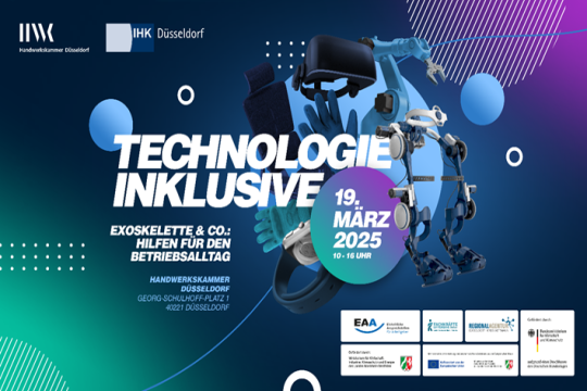 Das Bild zeigt ein Exoskelett, eine VR-Brille und weitere Technologien. In weißer Schrift steht: Technologie Inklusive. Exoskelette & Co.: Hilfen für den Betriebsalltag