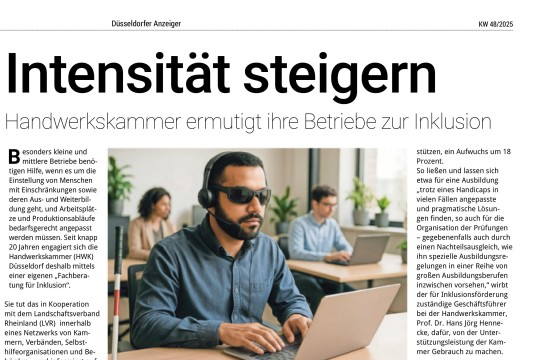 Das Bild zeigt einen Ausschnitt der Zeitung Düsseldorfer Anzeiger. Zu sehen ist die Überschrfit und die Einleitung zu dem Artikel über die Handwerkskammer Düsseldorf, die berufliche Inklusion verstärkt fördern möchte.