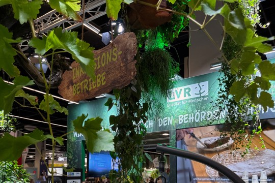 Das Foto ist durch Pflanzen hindurch aufgenommen. Es zeigt den grünen Messestand der Inklusionsämter.